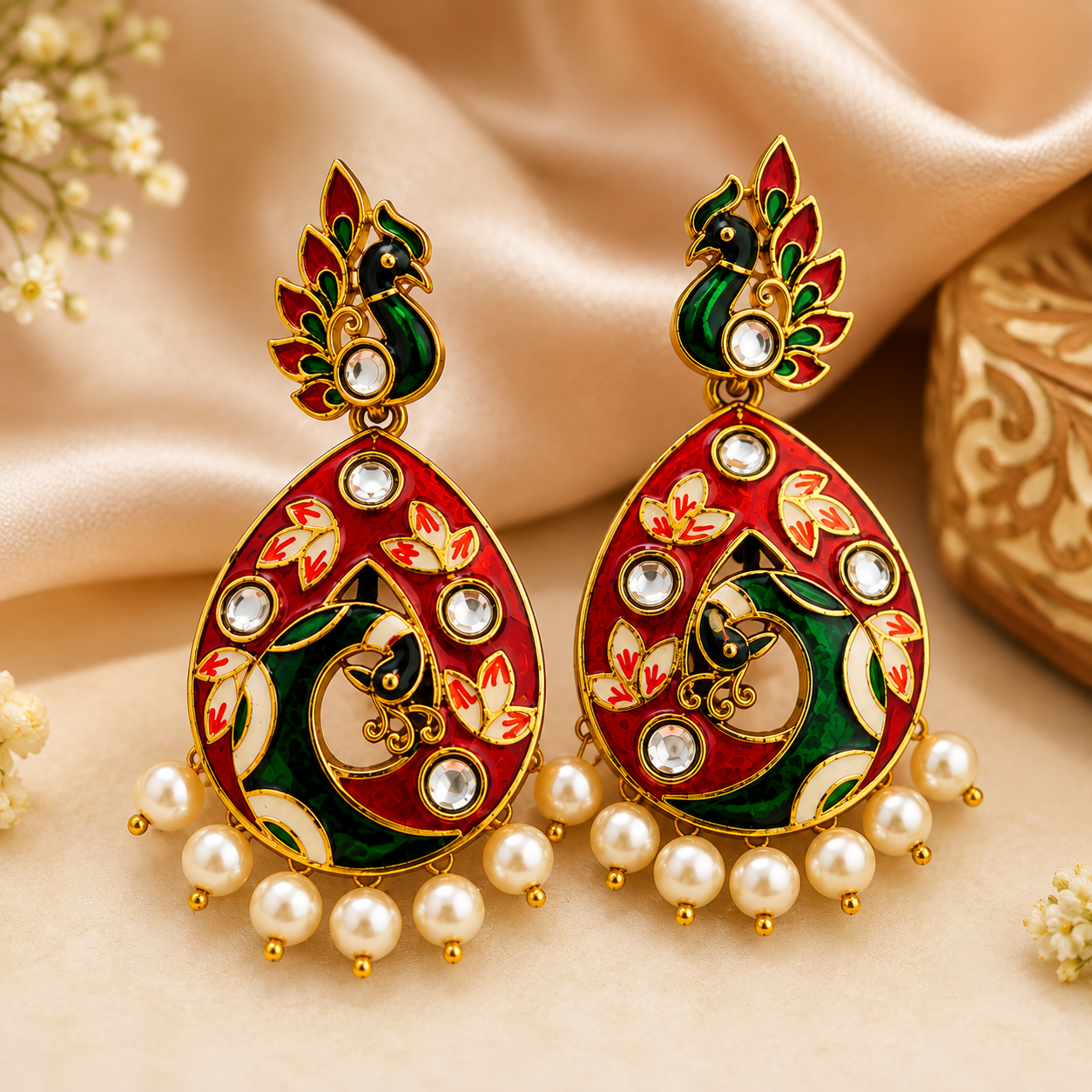 Royal Peacock Kundan Earrings with Pearl Drops