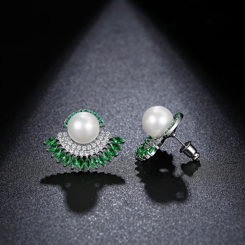 Green Cubic Zirconia With White Created Pearl Bridal Wedding Stud Earrings