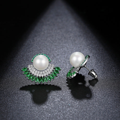 Green Cubic Zirconia With White Created Pearl Bridal Wedding Stud Earrings