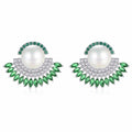 Green Cubic Zirconia With White Created Pearl Bridal Wedding Stud Earrings