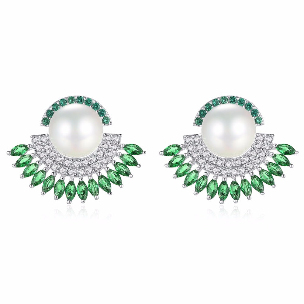 Green Cubic Zirconia With White Created Pearl Bridal Wedding Stud Earrings
